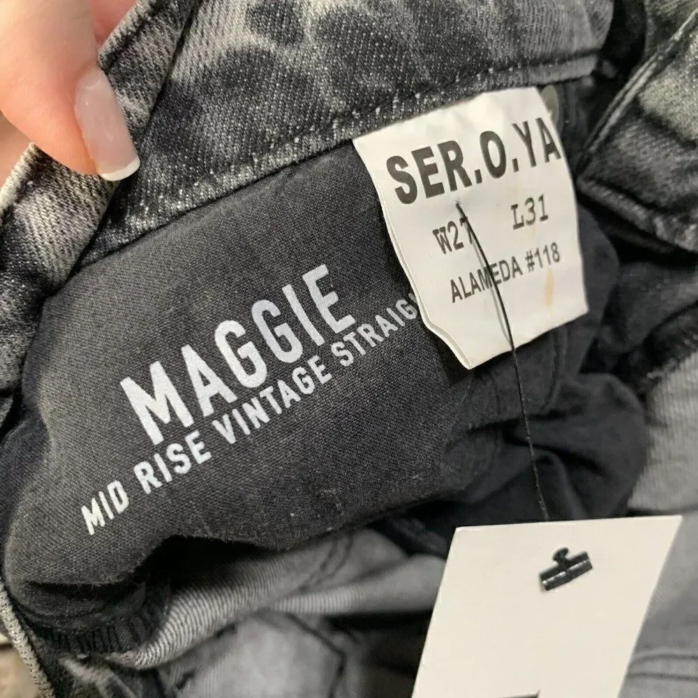 Ser.O.Ya Authentic Gray Black Maggie Mid Rise Vintage Straight Leg Jeans Denim
